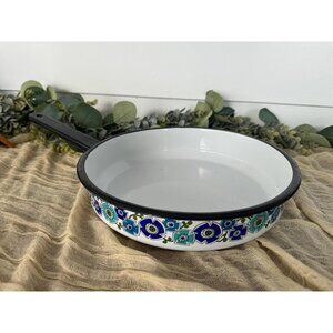 70’s Laguna Blue National Silver Company enameled porcelain pan floral‎ cookware